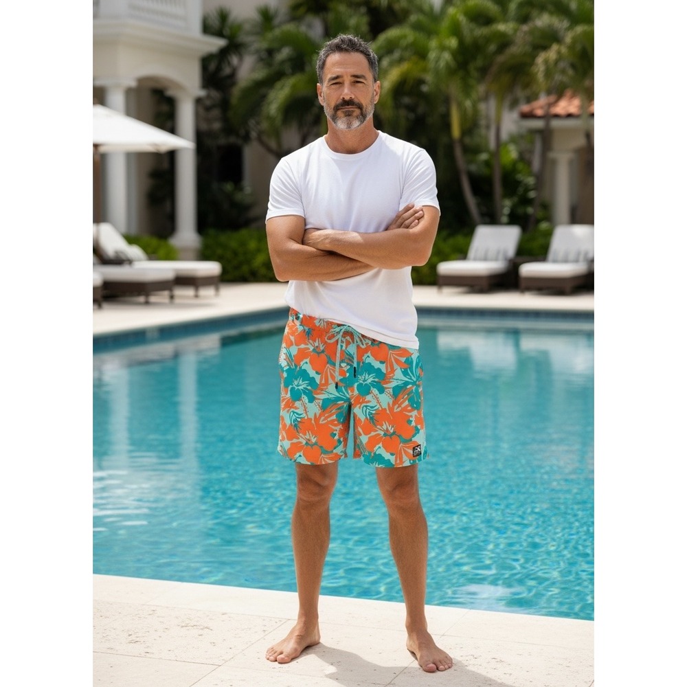 ZeroXposur Mens Floral Swim Trunks Orange Teal Hibiscus Aqua Taos E88041S Medium